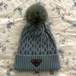 Prada Light Blue Knit Beanie Winter Hat w/ Pompom